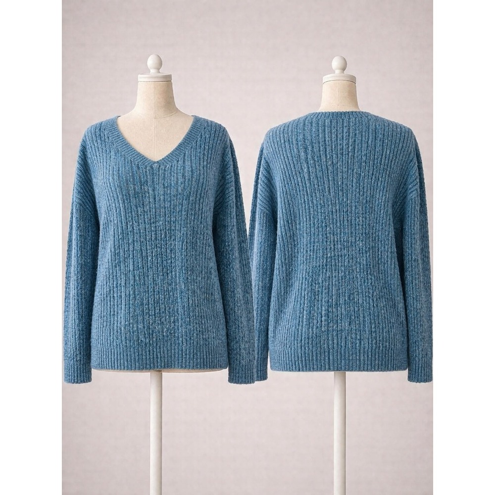 Croft & Barrow Womens XL Blue Marled‎ Ribbed Chenille V-Neck Pullover Sweater